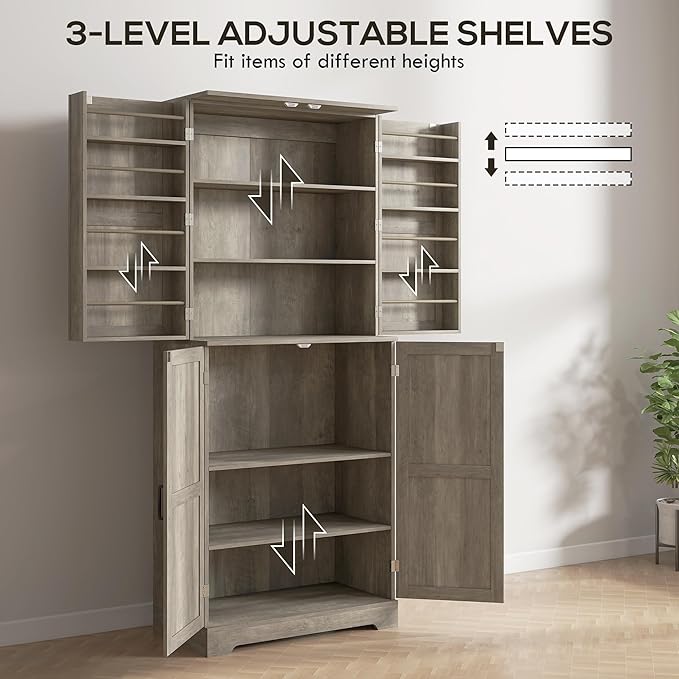 HOMCOM 72" Farmhouse Kitchen Pantry Cabinet, Freestanding Tall Storage Cabinet with 4 Barn Doors, 4 Adjustable Shelves and 8 Door Shelves, Gray Wash-Ruum Studio Home