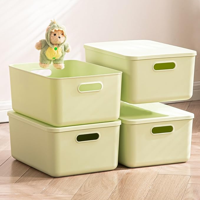 4 pack large plastic White storage bins Baskets, Toy Box Chest with Lids and Handle，Organizer Containers for Baby，Kids,snacks,Nursery，Shelves，Playroom, Bedroom，Office,Closet，home-Ruum Studio Home