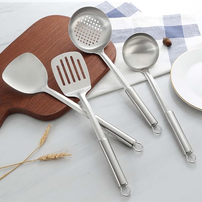 Pleafind 4-Pcs Cooking Utensils Set, Stainless Steel Kitchen Utensils, Wok Utensils Set Include Wok Ladle, Slotted Spoon, Wok Spatula and Slotted Spatula, Dishwasher Safe-Ruum Studio Home