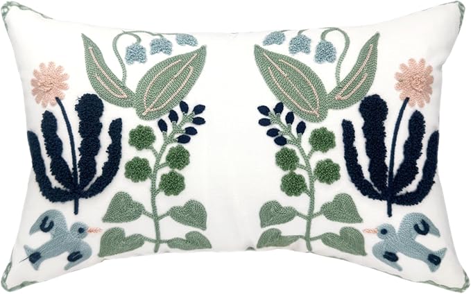 Alysheer Floral Embroidered Summer Lumbar Decorative Throw Pillow Cover 12"x 20", Farmhouse Cottage Navy Blue Green Flowers Leaves Patterned Cotton Canvas Cushion Case for Sofa Couch Bed Living Room-Ruum Studio Home