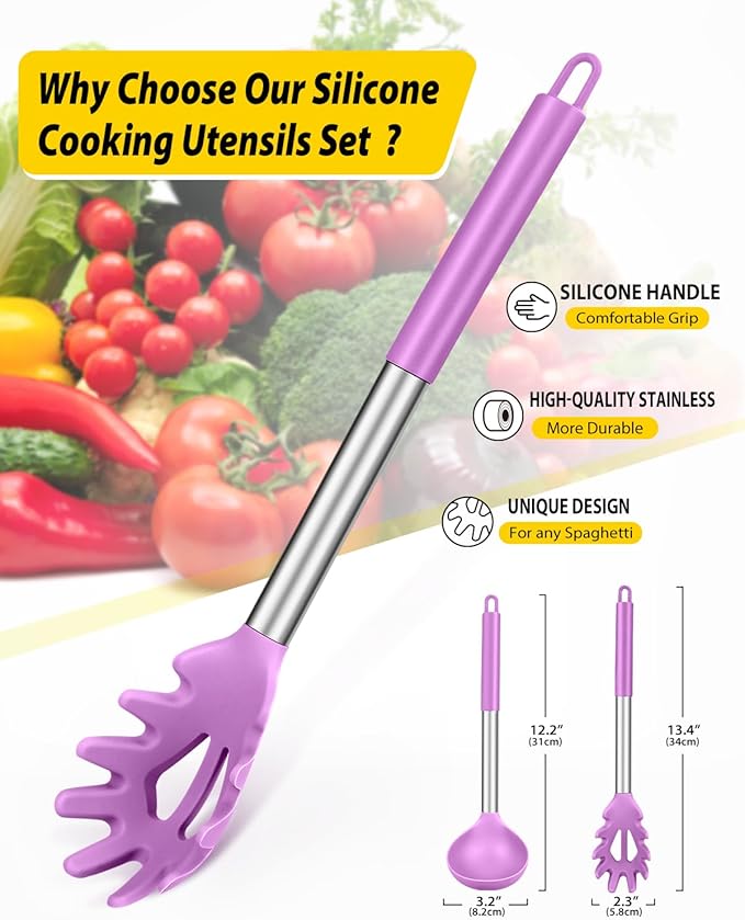 Silicone Pasta Fork and Ladle Spoon Set, Large Non Stick Kitchen Utensils for Cooking,Stirring,Serving Spaghetti, Soup, Sauce (PURPLE)-Ruum Studio Home
