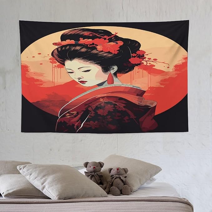 Japanese Woman Geisha Tapestry Asian Cherry Blossom Red Sun Traditional Kimono Folk Tapestries Home Decor for Living Room Bedroom Apartment Farmhouse Dorm 60"x40"-Ruum Studio Home