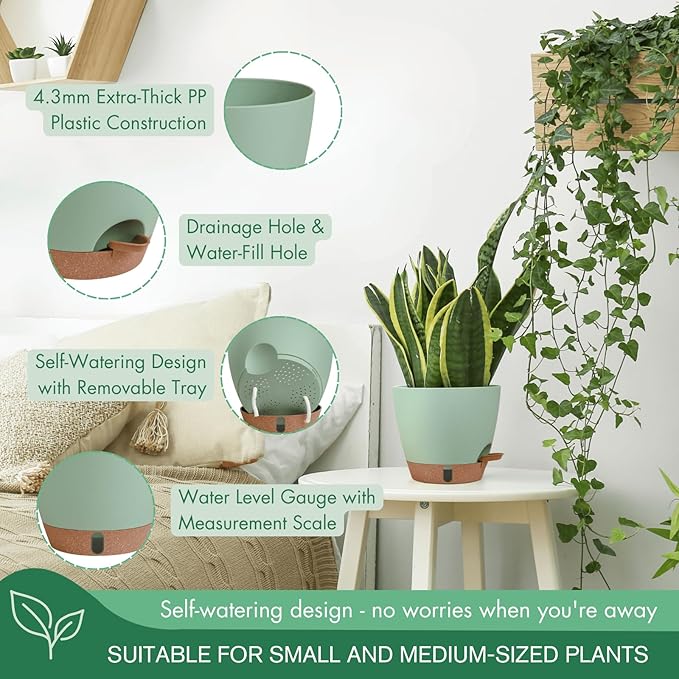 montresor 2 Pack 8 inch Plant Pots, PP Plastic Self Watering Plant Pot with Drainage and Tray for Indoor Outdoor Plants, Water Level Window & Reservoir Flower Pots Decorative Planter (Green)-Ruum Studio Home