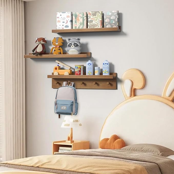 MBYD 24 Inch Floating Shelves, Picture Ledge Shelf, Natural Wood Wall Shelf, Nursery Book Shelves for Kids Room Decor with Hooks, Kitchen Bathroom Storage, Living Room Walnut-Ruum Studio Home