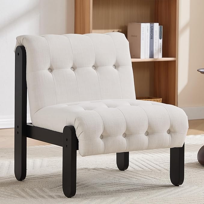 Modern Armless Accent Chair for Living Room, Beige Chenille Button Tufted Upholstered Lounge Reading Chair with Black Wood Frame-Ruum Studio Home
