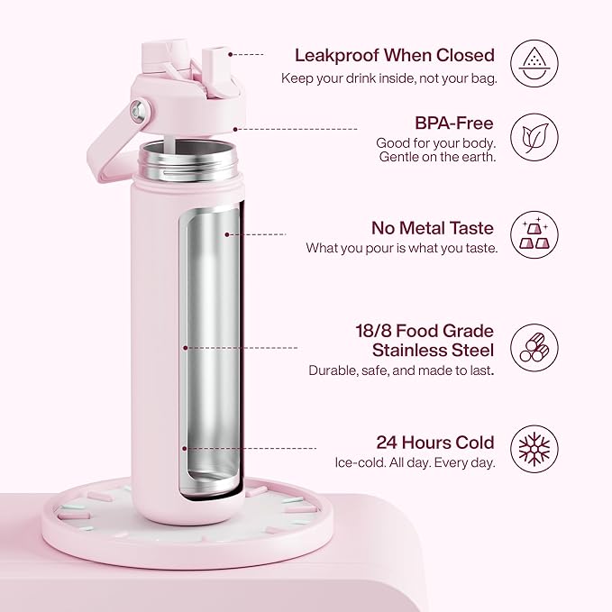 Insulated Water Bottle with Straw - Encool Stainless Steel Water Bottle, Leak-Proof, BPA-Free, Double Wall Vacuum Keeps Cold for 24 Hours for Sports, Travel, School (26 oz, Cotton Candy)-Ruum Studio Home