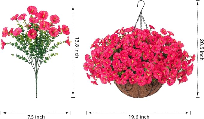 Artificial Faux Hanging Plants Flowers Basket for Outdoor Outside Spring Summer Decoration, Silk Morning Glory in Planter UV Resistant Look Real Fake Flower for Porch Patio Balcony Home Yard, Hot Pink-Ruum Studio Home