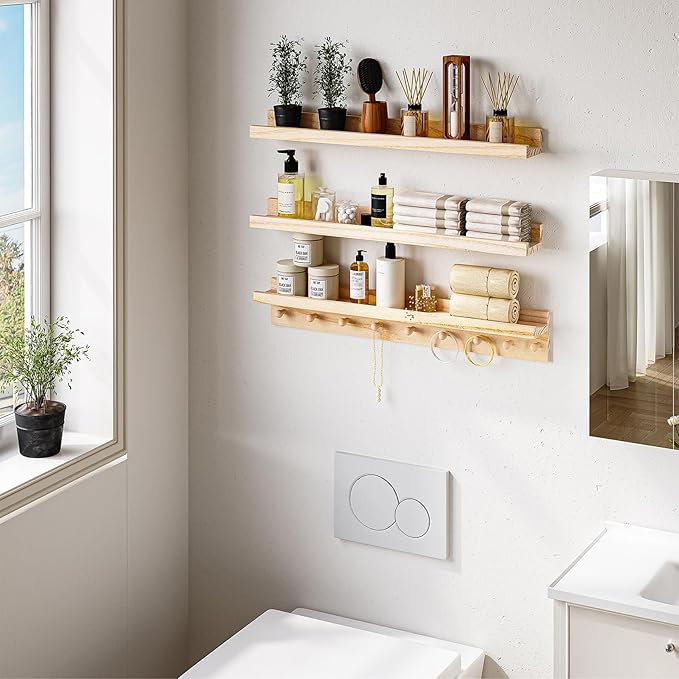 MBYD Wood Wall Shelf With Hooks Floating Shelves for Wall Bathroom Shelves Wall Mounted Nursery Floating Bookshelf for Kids Room Toy Storage Shelf for Bedroom Picture Frames Kitchen (Natural, 36 Inch)-Ruum Studio Home