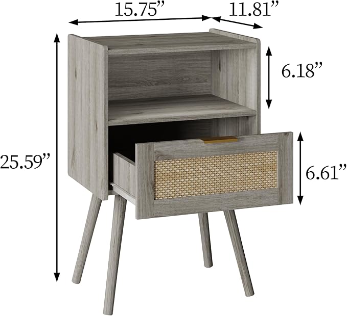 Rattan Nightstand,Modern Bedside Table with Storage Drawer and Open Wood Shelf, for Living Room, Bedroom and Small Spaces, Accent Night Stand with Solid Wood Legs, Easy Assembly(Grey Oak)-Ruum Studio Home