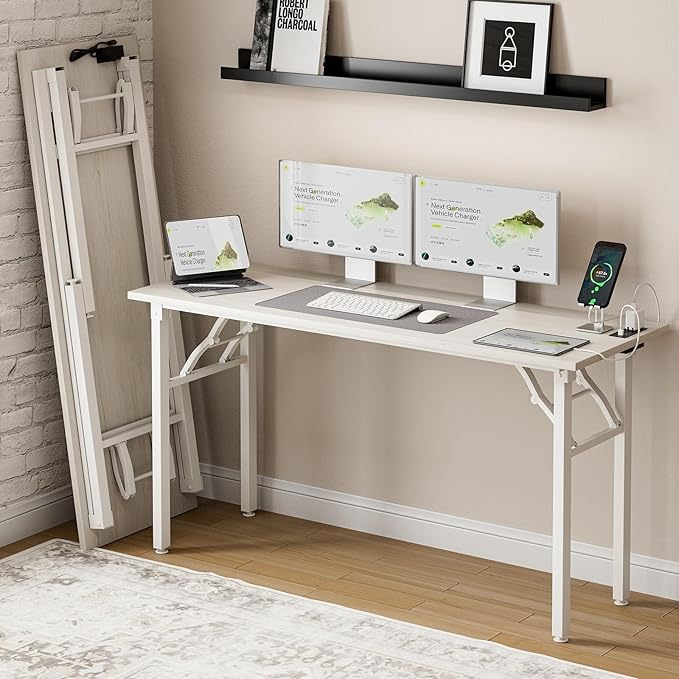 Frylr Small Folding Computer Desk – 55.1 Inch Portable Table for Craft and Study, Lightweight Desk for Small Spaces, Foldable Laptop Table Built-in AC/USB Outlets for Convenience, White Ash-Ruum Studio Home