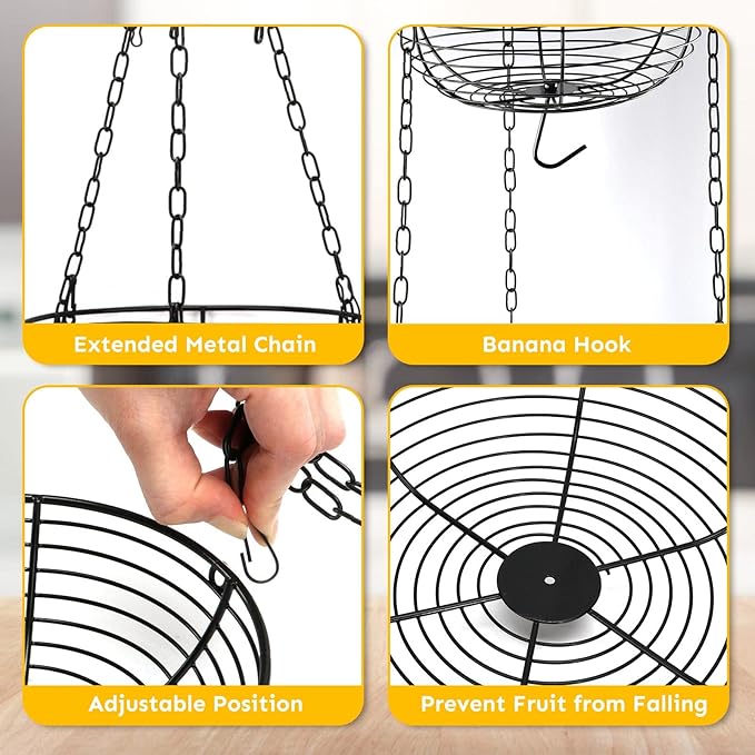 HULISEN 3 Tier Hanging Fruit Basket with Banana Hook, Heavy Duty Wire Hanging Baskets for Kitchen Storage, 36 Inch Hanging Vegetable Produce Basket Organizer (Including Installation Bracket)-Ruum Studio Home