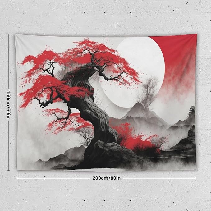 Cherry Blossoms Tapestry,Japanese Red Landscape Asian Watercolor Abstract Art Tapestry,Japanese Wall Tapestry, Nature Landscape Tapestries for Bedroom Living Room Decor 80"x60"-Ruum Studio Home