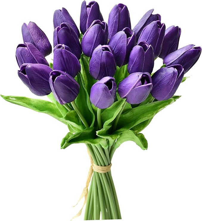 Mandy's Artificial Tulips 20 Stems Dark Purple PU Faux Flowers for Wedding Home Decor 13.5 Inch-Ruum Studio Home