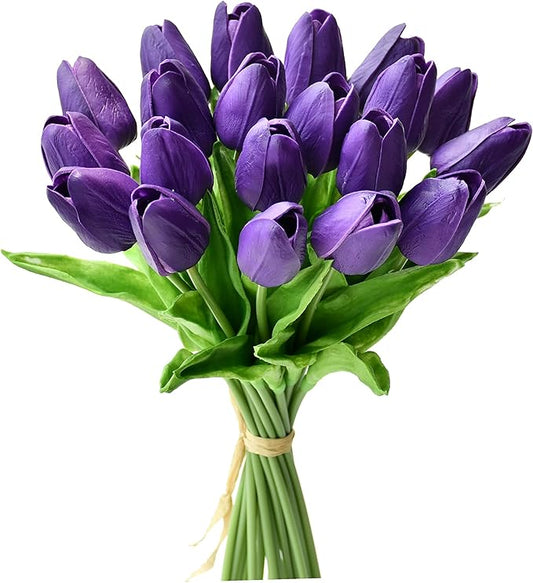 Mandy's Artificial Tulips 20 Stems Dark Purple PU Faux Flowers for Wedding Home Decor 13.5 Inch-Ruum Studio Home