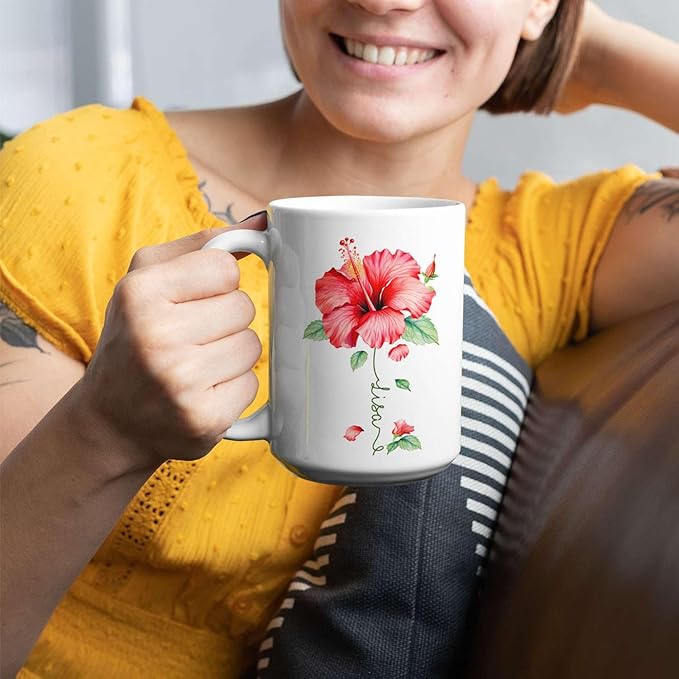 Personalized Hibiscus Blossom Design Mug, Custom Name Vibrant Flower Coffee Cup, Customized Mug For Floral Enthusiasts, Novelty Hibiscus Flower Ceramic Cup 11oz 15oz, Gift For Women-Ruum Studio Home
