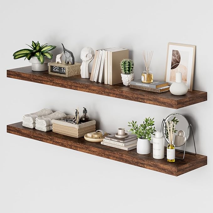 Heimlove 12 Inch Deep Floating Shelves, 55 x 12 inch Extra Long Floating Shelves for Wall, Large Display Shelf & Storage Shelf for Living Room Bedroom Kitchen Home Office, Set of 2, Rustic Brown-Ruum Studio Home