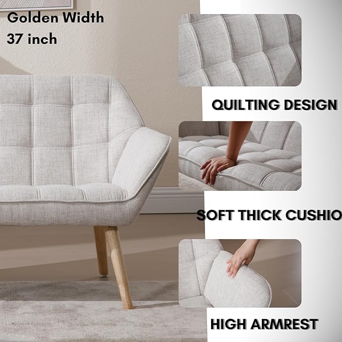 48”Small Loveseat Sofa, Modern Linen Upholstered Mini Couch 2-Seater Fluffy Love Seat with Quilting Backs and Wood Legs for Small Space Living Room, Bedroom, Beige-Ruum Studio Home