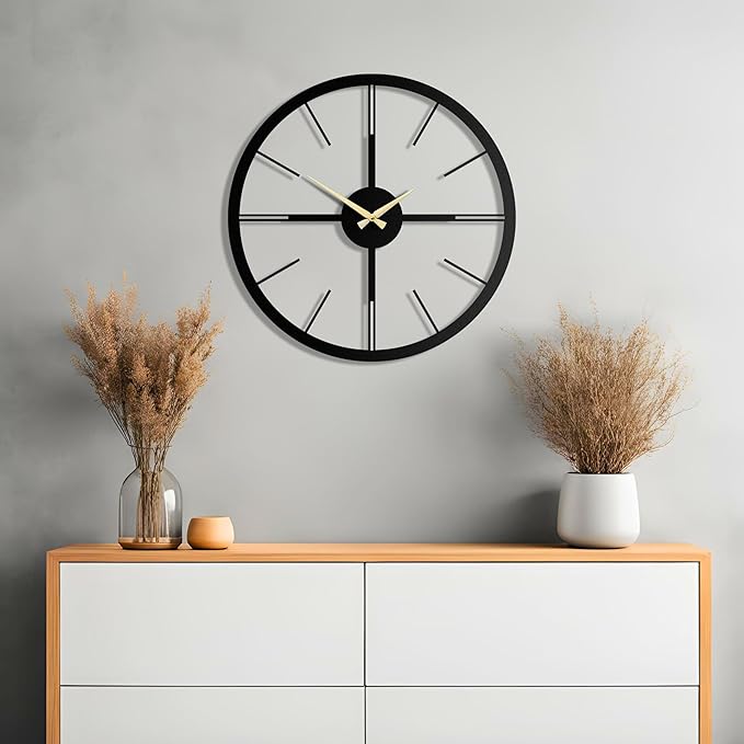 pluviart Rain Minimalist Metal Wall Clock, Modern Black Metal Wall Clock, Silent Non-Ticking Decorative Clock for Living Room, Kitchen, Office, Industrial-Style Wall Decor, Easy to Hang (19,3")-Ruum Studio Home