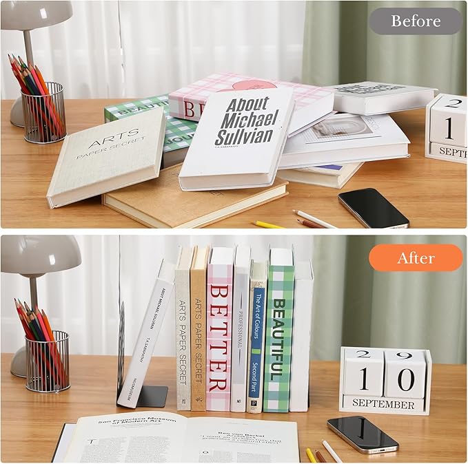 Faccito 5 Pairs Book Ends, Black Metal Bookends for Shelves Decorative, Non Skid Tree Stopper and Flower Shelf Holder for Heavy Books, Home Office School Supplies(Modern)-Ruum Studio Home