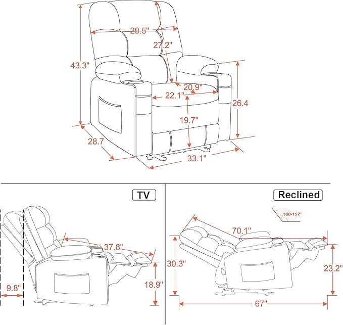 MCombo Zero Gravity Power Recliner Chair with Heat and Vibration Massage, Reclining Chair with USB Ports, Cup Holders for Living Room, Faux Leather PR621 (Light Grey)-Ruum Studio Home