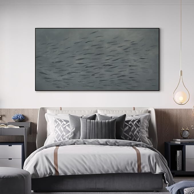 SIGNWIN 24"x46" Extra Large Framed Wall Art Gray School of Fish Minimalist Ocean-Inspired Marine Life Illustration for Home Living Room Bedroom Decor (Frame Assembly Required)-Ruum Studio Home