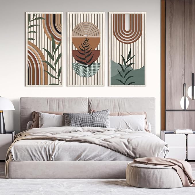IARTTOP Large Abstract Geometric Wood Boho Wall Art Boho Wall Decor Set Mid Century Modern Wooden Wall Decor Bohemian Wall Art For Bedroom Living Room Office 16"x32"-Ruum Studio Home