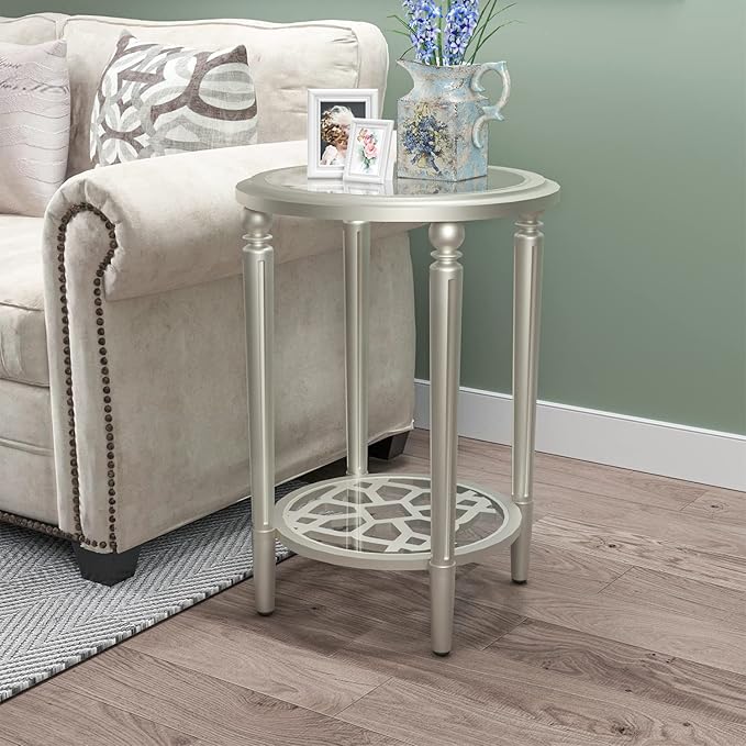 COSIEST Round Side Table, End Table Glass with Wood Frame, Champagne Gold Bedside Table with Modern Style for Living Room, Balcony, Bedroom-Ruum Studio Home
