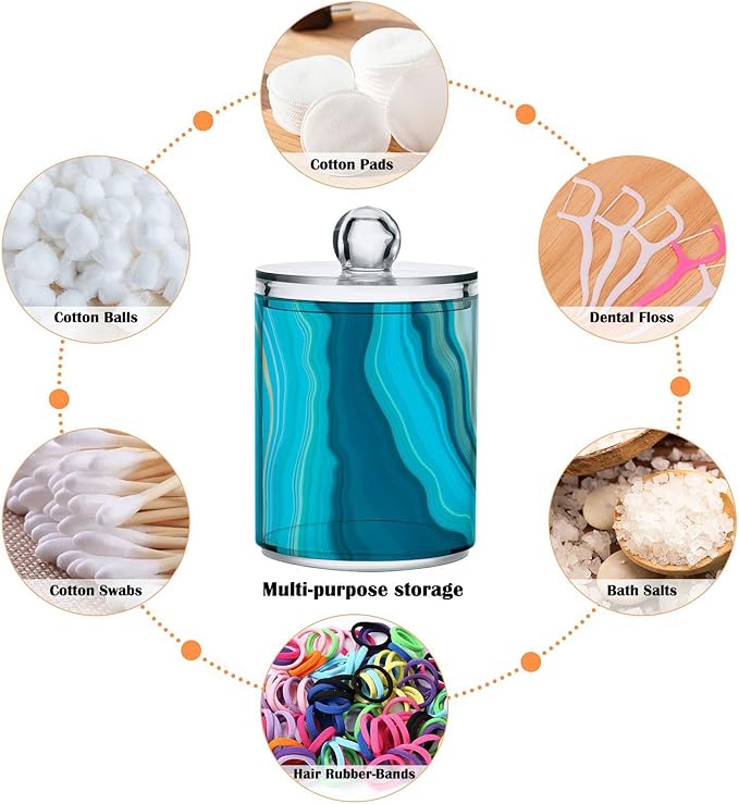 2 Pack Qtip Holder Dispenser Teal Turquoise Blue Marble Bathroom Storage Canister Lid Acrylic Plastic Apothecary Jar Set Vanity Makeup Organizer for Cotton Swab/Ball/Round Pads, Floss-Ruum Studio Home
