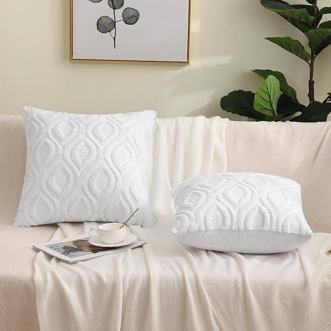 decorUhome Fall Throw Pillow Covers 18x18 Inch Set of 2, Soft Plush Decorative Faux Fur White Solid Couch Pillow Covers, Accent Farmhouse Neutral Square Euro Pillow Cases for Sofa Bed Living Room-Ruum Studio Home
