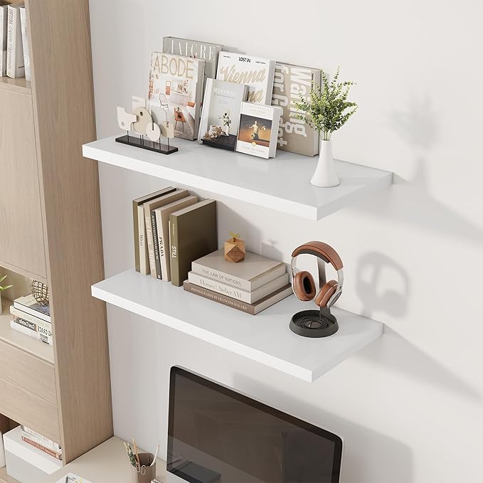 32" Floating Shelves for Wall, 12" Deep Slim White Floating Shelves, Wall-Mounted Shelves for Bedroom, Living Room, Kitchen, Bathroom - Set of 2-Ruum Studio Home