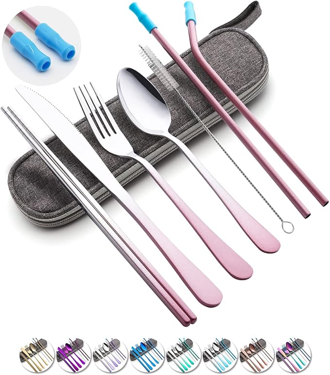 Travel Utensils Set with Case Reusable Portable Cutlery Set Stainless Steel 8pcs Including Dinner Knife Fork Spoon Chopsticks straws(Gradient Pink)-Ruum Studio Home