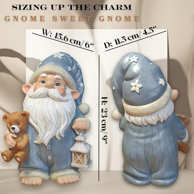Sleepy Garden Gnome with Teddy Bear & Lantern - 9" Weatherproof Resin Statue - Indoor Outdoor Decor - Whimsical for Home, Patio & Lawn-Ruum Studio Home