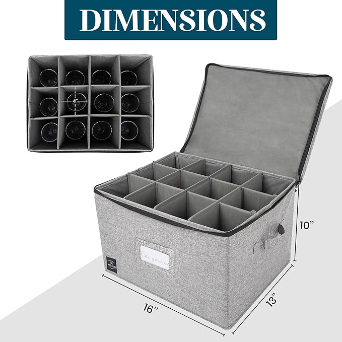 Wine Glass Storage, Holds 12 Stemware Glasses, Stackable, Fully-Padded Inside with Hard Top and Sides (Grey)-Ruum Studio Home