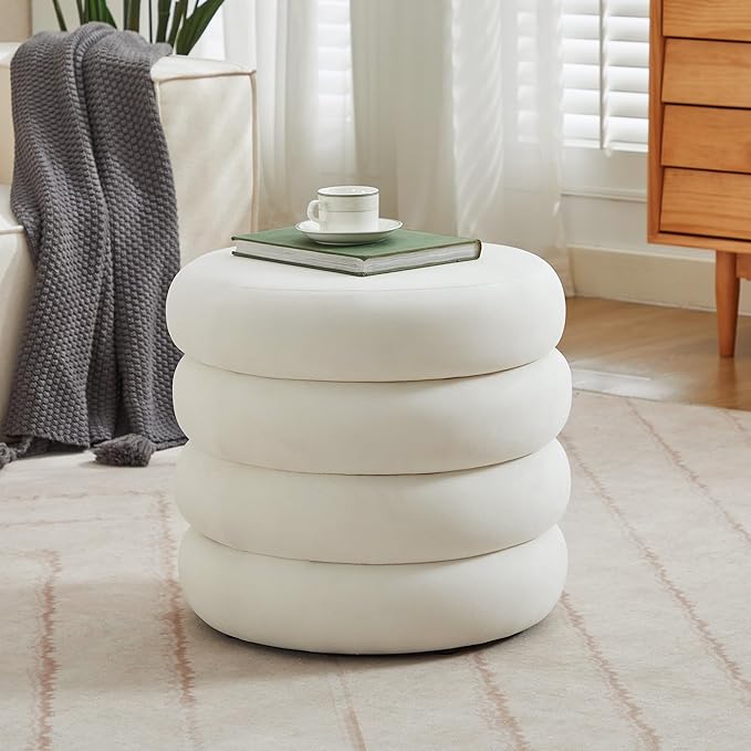 ONEVOG Round Storage Ottoman, 20" Small Ottomans Table with Removable Lid, Velvet Fabric Soft Footrest Stool for Couch, Upholstered Stuffed Circle Seat for Living Room/Bedroom/Dorm/Vanity, Lvory White-Ruum Studio Home