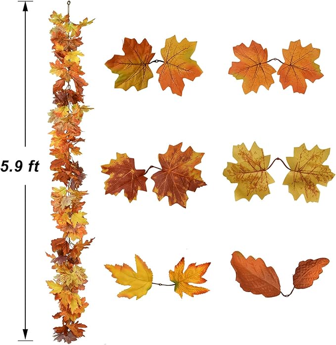Lvydec 2 Pack Maple Leaves Fall Garland Clearance - 5.9ft/Strand Artificial Fall Foliage Garland Colorful Autumn Leaves Decoration for Home Wedding Party Halloween Thanksgiving-Ruum Studio Home
