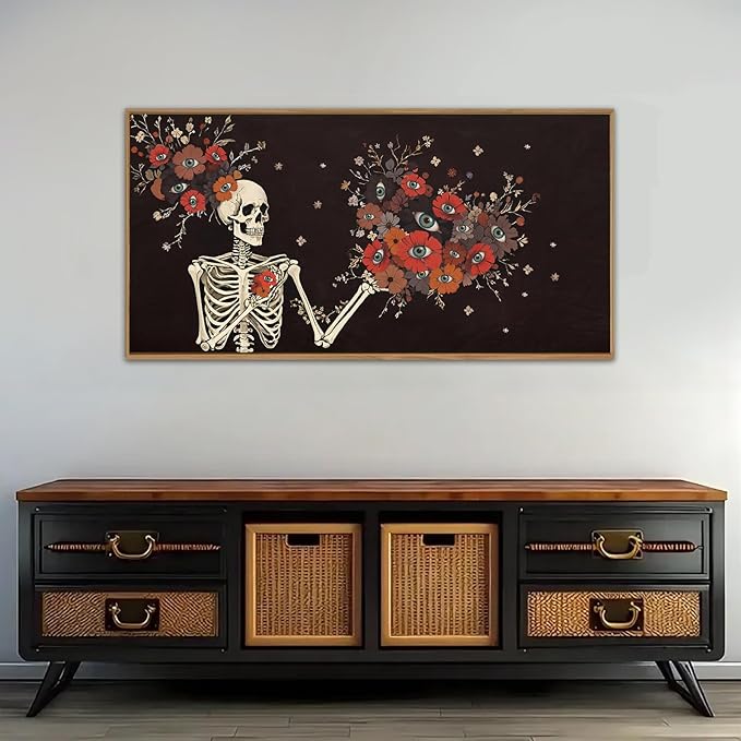 KAIRNE Halloween Skeleton Wall Art,Gothic Skull Canvas Set of 1(40”x20”),Romantic Spooky Floral Botanical Print,Scary Skull Painting,Horror Halloween Wall Art for Living Room Bedroom Goth Party Decor-Ruum Studio Home