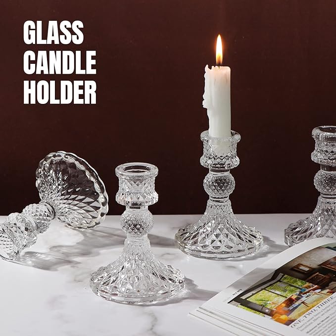 Candlestick Holders Set,12Pcs 4" H Taper Candle Holders Bulk, Clear Glass Candle Holders for Wedding, Spring Party, Romantic Dinner, Festival & Windowsill Decor-Ruum Studio Home