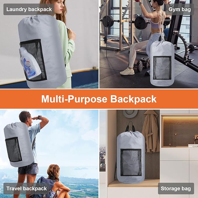 Laundry Bag Backpack Durable Laundry Bag with Shoulder Straps and Mesh Pockets Portable Laundry Dirty Clothes Hamper Bag for College Dorm (Gray)-Ruum Studio Home