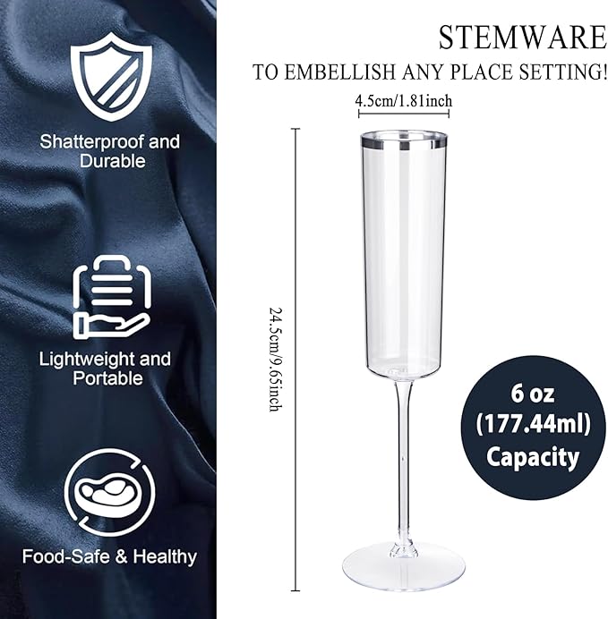 Ciaell 24 Pack Silver Plastic Champagne Flutes - 6 Oz Disposable Champagne Glasses - Square Silver Rim Plastic Toasting Glasses for Party Birthday Anniversary Wedding-Ruum Studio Home