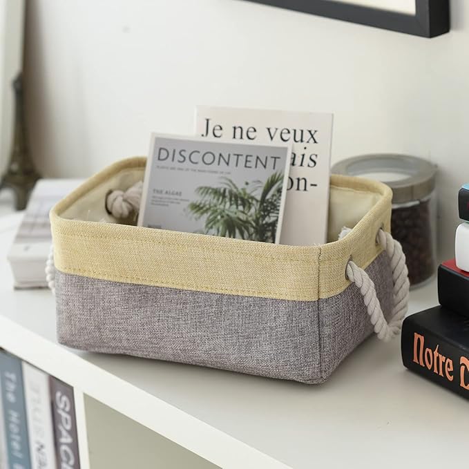Fabric Storage Baskets for Organizing(6 Pack) Small Baskets for Shelves,storage, Laundry, Nursery, Closets, Decorative Baskets for Gifts Empty (Grey & gold, 11.8” x 7.8” x 5.1”)-Ruum Studio Home