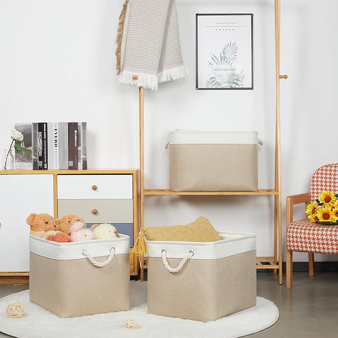 Bidtakay Large Storage Baskets for Organizing Fabric Closet Organizers Storage Bins with Handles 3-Pack 16x11.8x11.8 Inch Collapsible Baskets for Shelves Clothes Home Organization L-White&Beige-Ruum Studio Home