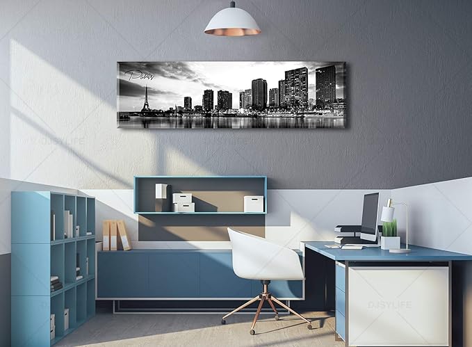 DJSYLIFE Paris Eiffel Tower Skyline Wall Art Black and White Modern City Night View Panoramic Cityscape Picture Paintings Canvas Prints Office Room Home Decoration Artwork Framed 13.8"X47.3"-Ruum Studio Home