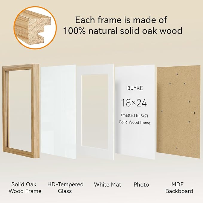 IBUYKE 18x24 Picture Frame,Solid Oak Wood 18x24 Photo Frame with Mat to 16x20,18x24 Picture Frames With Tempered Glass,Wall Mount Display,Home Decor,Natural Oak 24 x 18 Frame,UWPF1824N-Ruum Studio Home