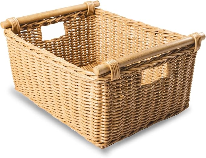 The Basket Lady Pole Handle Wicker Storage Basket, Medium, 16 in L x 12 in W x 8.25 in H, Sandstone-Ruum Studio Home