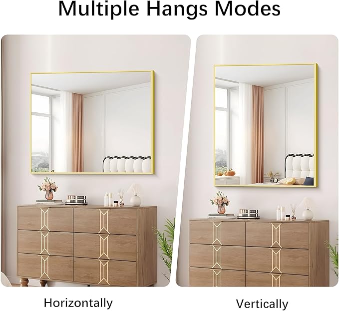 Gold Bathroom Mirror for Wall, 30x36 Inch Rectangle with Metal Frame, Modern Vanity for Bathroom Living Room, Entryway Hangs Horizontal or Vertical-Ruum Studio Home