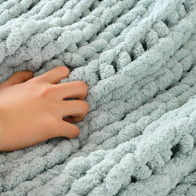 Esterra Chunky Knit Blanket Throw 50"x60", 100% Hand Knitted Chenille Throw Blanket, Cozy Soft Thick Cable Knit Throw Large Rope Knot Crochet Throw Blanket for Sofa Couch Bed, Sky Blue-Ruum Studio Home