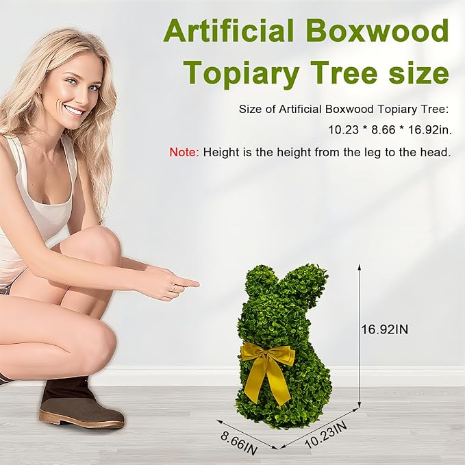 2 Pcs Artificial Bunny Shaped Topiary Trees, Artificial Green Boxwood Bunny Decorations with Gold Bow, Perfect for Indoor & Outdoor Front Porch, Easter& Garden Decor (Bunny Tree Without Base)-Ruum Studio Home