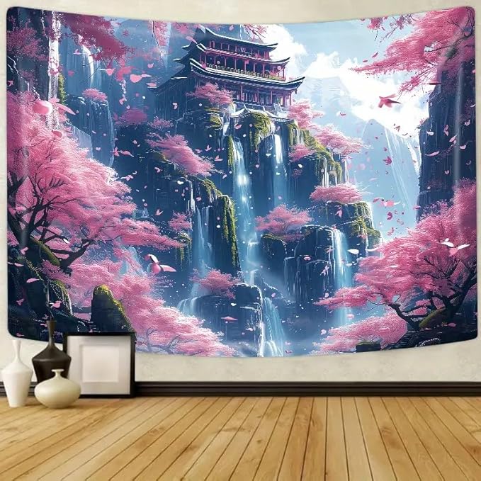 FENDROM Japanese Aesthetic Pink Cherry Blossom Tree Tapestry Building On Mountains Waterfall River Fairytale World Asian Art Tapestry for Bedroom Living Room-Ruum Studio Home