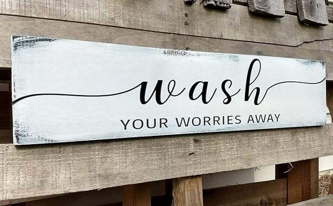 Farmhouse Bathroom Sign, Wash Your Worries Away, Rustic Wooden Bathroom Wall Art Decor, Inspirational Signs Bath Wall Hanging Art Home Decor (Wash) 6x18 Inch-Ruum Studio Home