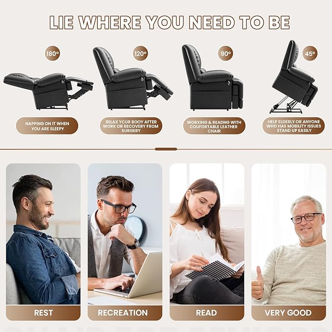 Large Dual Motor Power Lift Recliner Chair with Massage and Heat for Elderly People, Infinite Position,USB Ports and Remote Control,Breathable Leather (Black)-Ruum Studio Home